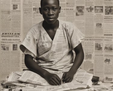A newspaper with bold headlines and colorful images is placed on a light-colored marble floor. The newspaper features advertisements and various news stories. Adjacent to it is a magazine with an advertisement displayed, partially covered by the newspaper. The surrounding area appears to be part of an architecture with tiles and a darker shadowy corner.