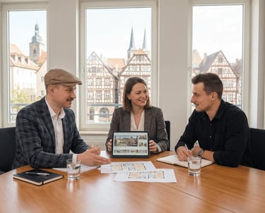 Beratungsgespräch bei Reidelbach Immobilien in Fürth mit persönlicher Immobilienberatung und Objektpräsentation am Tablet