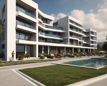A commercial property featuring two buildings with metal roofs, situated in an industrial area. Several parked vehicles, including vans and cars, are seen near the buildings. The surroundings are well-maintained with greenery and clear weather with blue skies and clouds in the background.