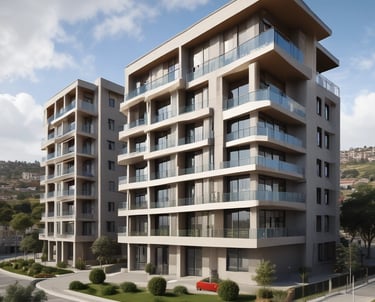 a building with a red car parked in front of it