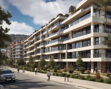 A suburban house with a brick facade and double garage doors. The roof is dark, and there are several bare trees and green bushes surrounding the property. A for sale sign is visible on the front lawn.