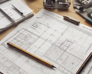 A partially renovated bathroom wall with unfinished surfaces. One section features blue and white geometric tiles, while another section showcases large, grey tiles held in place by orange spacers. There is a window to the left providing natural light.