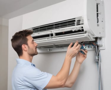 A bathroom with a unique industrial design features exposed piping and cylindrical lights on the ceiling. The ceiling displays a large fish illustration with labeled parts. The walls are covered with white herringbone tiles, and there are three circular mirrors above a long concrete sink with modern faucets.