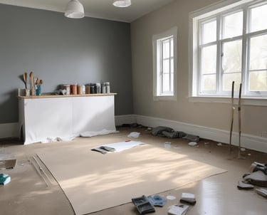 A section of a wall is being painted. The surface appears partially covered with paint, and various painting supplies are present, including a large paint bucket and a brush. The ground is protected with plastic sheets, and there is a close-up of paint on a tool in the foreground.