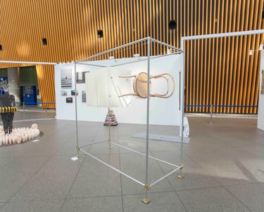 Transmission and Echo (2019), thonet chair, traditional Japanese paper, aluminium sca olding, mixed