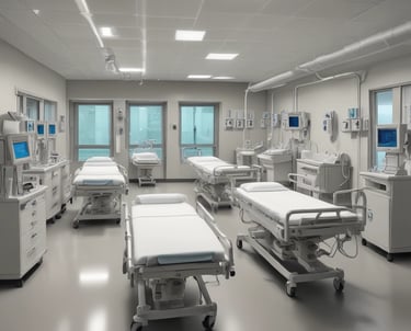 A long hospital ward with numerous beds lined up on both sides, each covered with white sheets. A nurse or medical professional in a hat and white uniform stands near the beds. The walls and ceiling are wooden, with a row of windows allowing natural light to enter the room. Vintage lighting fixtures hang from the ceiling, and there is a fireplace at the end of the room.
