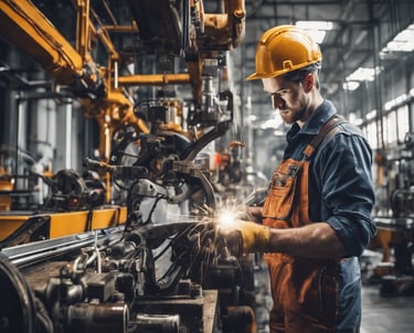 Industrial factory worker in a hard hat and overalls welding metal parts with sparks flying.