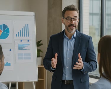 Instructor con anteojos gesticula y explica gráficas en un pizarrón durante la capacitación empresar