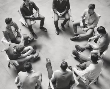 Men sitting in circles, supporting each other