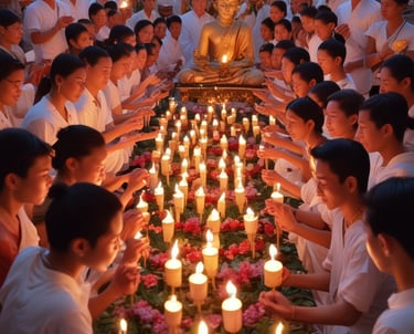 A serene and artistic depiction of a spiritual figure with closed eyes and a peaceful expression. The detailed hair is adorned with spiral patterns, and a subtle golden aura encircles the head, adding to the ethereal quality. Below, a vibrant pink lotus flower is depicted, surrounded by calm blue tones. Intricate designs and inscriptions in a script are present at the bottom of the image.