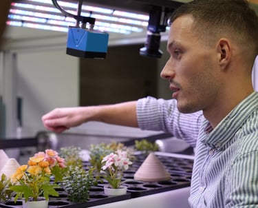 Chef de projet mesurant les plantes à l'aide de capteurs