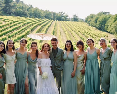 Les amis et les mariés réunis pour une magnifique photo souvenir devant les vignes en provence