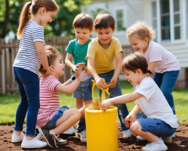 A single-story white building, possibly a preschool, with multiple windows is set against a backdrop of palm trees and a clear blue sky. The structure is surrounded by a low metal fence and is located next to a well-maintained grass lawn and a paved street in the foreground.