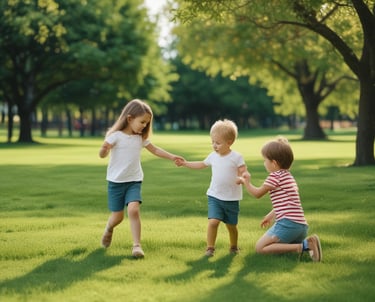 A young child with braided hair is smiling warmly. The child is wearing a checkered blue and white shirt with a blue apron over it. The background is blurred, featuring a teal hue and a soft blackboard.