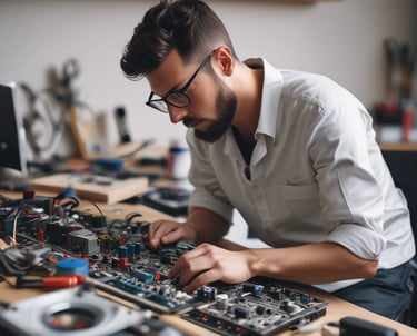 Technician repairing a modern flat-screen television in a workshop setting.
