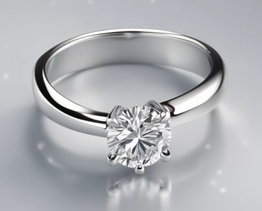 A silver diamond ring is placed on a dark, possibly velvet surface. The ring features a prominent central diamond, with smaller diamonds lining the band on either side.