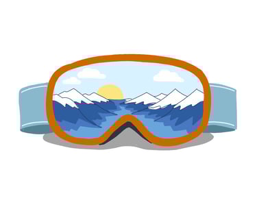 Orange ski goggles reflecting a sunlit snowy mountain landscape with blue peaks and white clouds.