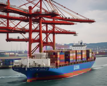 A freight train with bright headlights travels through a foggy landscape, carrying numerous shipping containers. The surroundings include dry grass and tracks leading into the distance, with an overcast and moody sky.