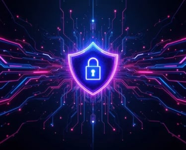 Neon shield with padlock over digital circuits, representing cloud security and protection