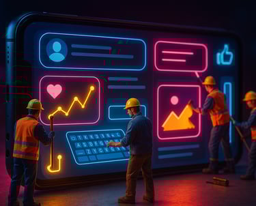 a group of people standing around a large screen