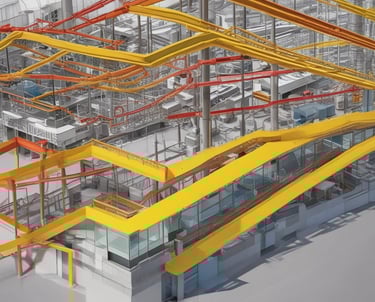 A bustling construction site surrounded by greenery, with metal beams and columns in various stages of assembly. Two large cranes, one black and another orange, are positioned prominently, aiding in the construction efforts. In the background, a residential building with red and white patterns is visible beyond a line of trees.