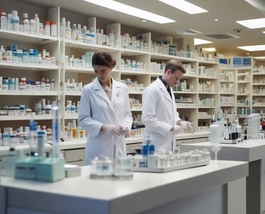 A clean and well-organized pharmacy interior with bright lighting. The central counter is labeled for prescriptions and is surrounded by shelves stocked with various pharmaceutical products. The predominant color scheme involves green and white, reflecting the pharmacy's branding. The aisles are spacious and neatly arranged with products.