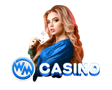wm casino with a woman holding a card game in front of a casino sign