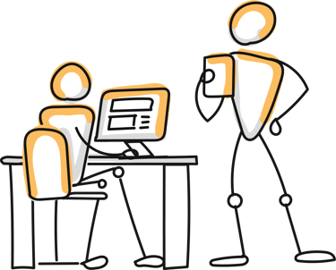 Stick figures one at a desk working while another stands near by