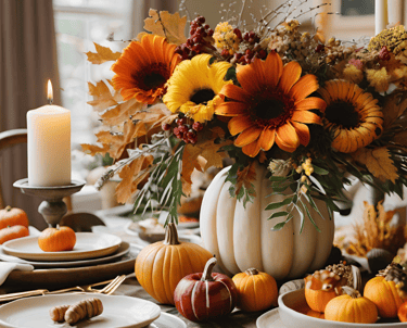 Garlands, Flowers, Table Centrepieces, Fall-Themed Candles, Pumpkin Decor, Thanksgiving Cards,