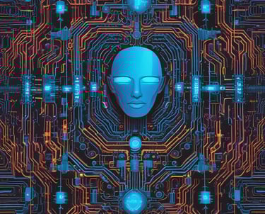 A futuristic and digital-themed image features a stylized circuit board with the words 'Open AI' in bold, glowing letters. Above it is a design that resembles an AI or robot face with neon accents. The background consists of a network of interconnected blue lines and nodes, suggesting themes of technology and connectivity.