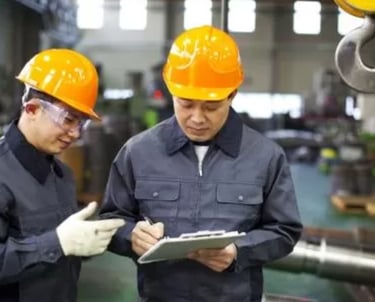 two men in hard hats and hard hats are standing in hongmeng tractors factory