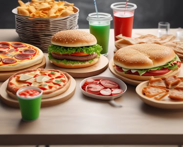 A wooden surface is topped with fast food items including two packages of French fries in red packaging, a wrapped bacon burger in purple wrapping, and a closed Big Mac box. The scene is typical of a fast-food meal setting.