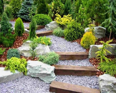 Jardin paysager avec rochers, plantes et allée zen