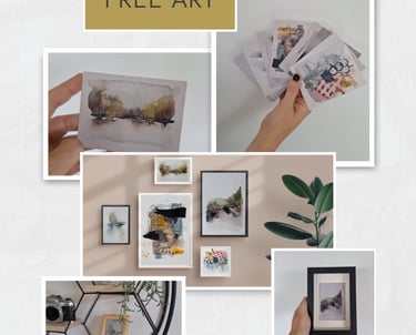 Collage showing hand-held and framed mini abstract art prints by TLS ART.