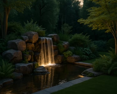 a waterfall in a park with a waterfall in the background | Nour Nagy Designs