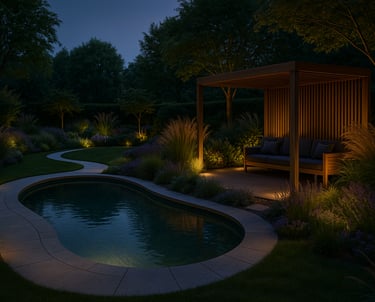 a pool with a bench and a bench in the middle of the yard | Nour Nagy Designs