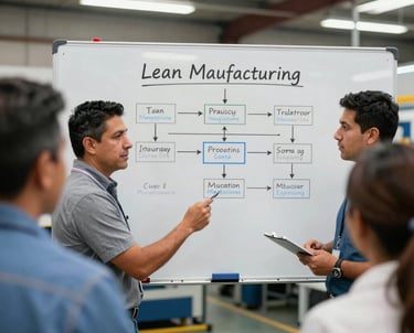 A conference room set up for a presentation or workshop with red chairs arranged around tables. Each table contains glasses, notepads, and black bags with logos. A projector screen at the front displays a title. Banners with graphics and text are positioned on either side of the room. A plant adds greenery to the setting.
