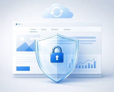 Digital security shield with a padlock protecting a website interface and cloud data storage.