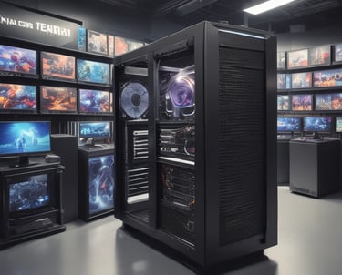 A high-performance gaming computer setup showing the interior components, including a GeForce RTX graphics card, cooling system with three fans, a motherboard, and visible wiring with red and black cables.