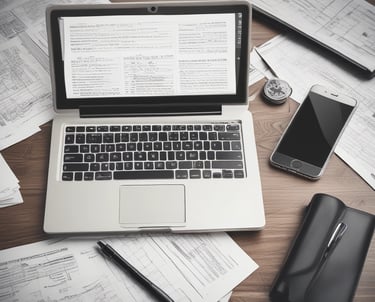 A copy of the book titled 'The 1-Page Marketing Plan' lies on a gray textured surface. The book cover is bright yellow with bold red, white, and green text. Surrounding the book are various small objects: a metallic laptop partially visible on the top left, a pair of white wireless earphones, a blue bookmark with the text 'one more page,' and other small, colorful items.