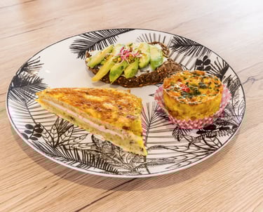 assiette de petit déjeuner sain healthy équilibré egg muffin, oeufs, toast avocat, avocado toast