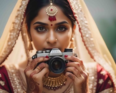 a woman in a red and gold outfit taking a photo of herself
