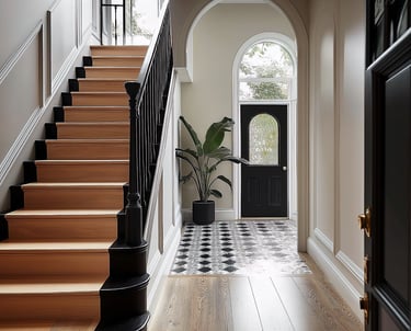 a hallway with a black door and a black door