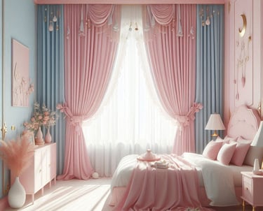 CORTINA ROSA E AZUL CLARO PARA QUARTO DE MENINA