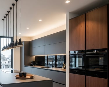  cozinha com móveis planejados, luminarias, que a paleta de cores tenha cinza, preto e marrom