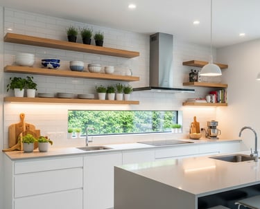  imagem de uma cozinha com prateleiras flutuantes