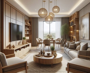 SALA DE ESTAR MODERNA COM MÓVEIS DE MADERA MAÇIÇA