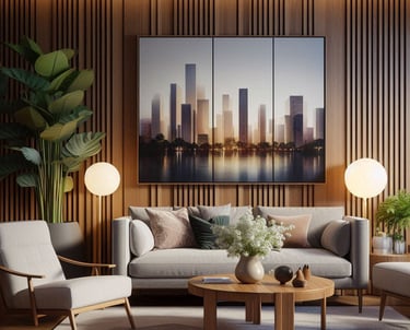 SALA DE ESTAR MODERNA COM MÓVEIS DE MADERA MAÇIÇA E VASO DE PLANTA DA DECORAÇÃO
