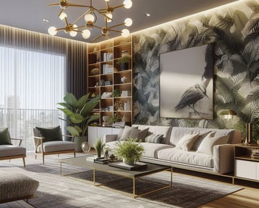 SALA DE ESTAR MODERNA COM PAPEL DE PAREDE BOTANICO