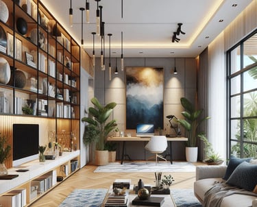 sala de estar vinculada com home officce moderna